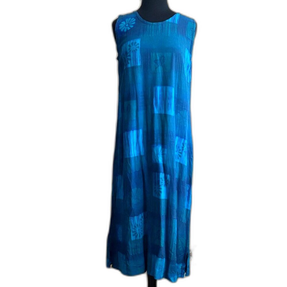 Blue Patchwork Floral Batik-inspired Print Dress / Large Resort Beach
